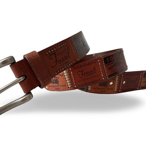 Rare Y2K VTG Fossil 54 Logo Patchwork Leather Belt | Size Medium M - Picture 6 of 14